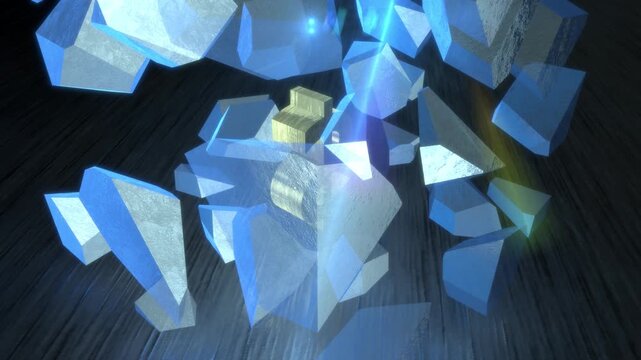 Golden dollar symbol breaking out of an exploding ice cube