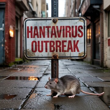 Rat on wet cobblestone street in front of sign warning of hantavirus outbreak, disease prevention, public health alert, urban environment, grim atmosphere, potential hazard.