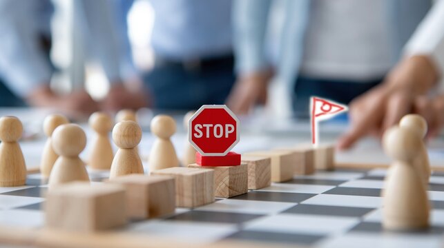 Strategic business game board with wooden pawns, stop sign, and flag representing challenge and goal achievement