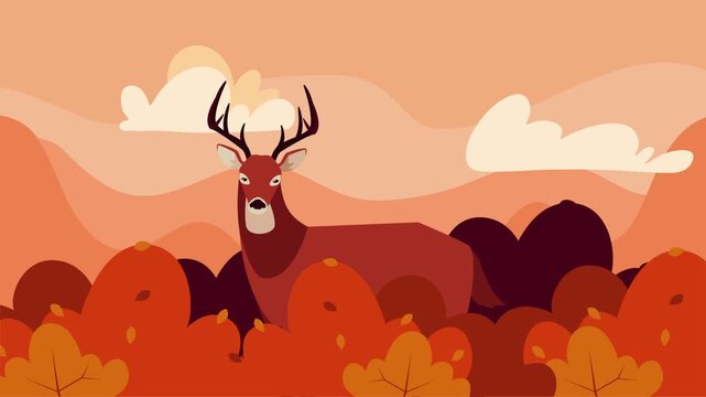 Autumn landscape animation with majestic deer standing in fall forest at sunset with orange sky and clouds.