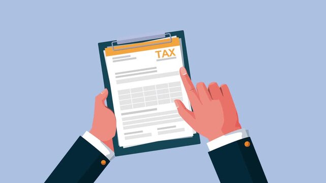 Person reviews tax form on clipboard, pointing with finger, business finance concept.