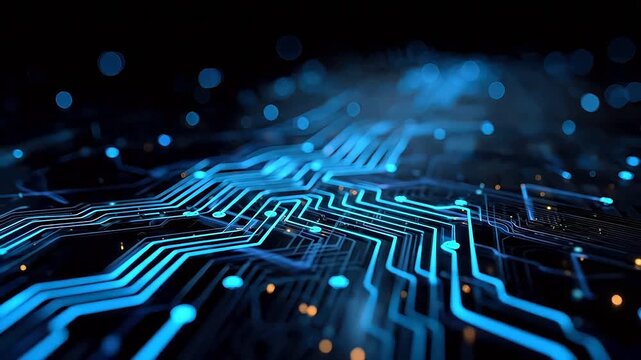 Circuit board with glowing blue lines