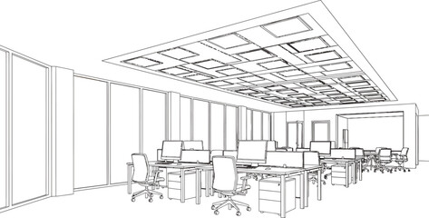 Fototapeta premium Modern open plan office interior with desks and computer monitors architectural line art vector illustration for workspace design planning