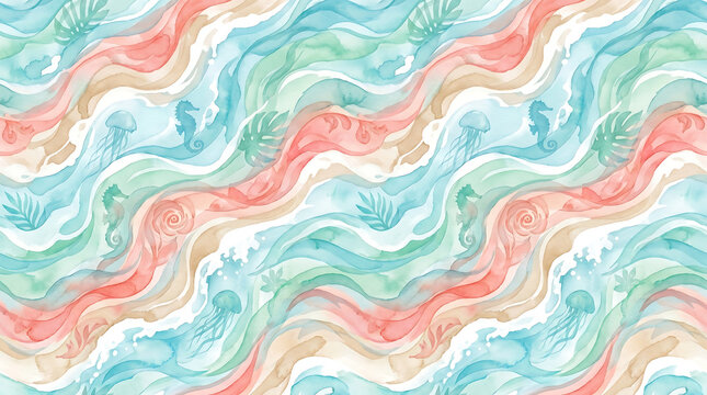 Vibrant ocean wave pattern with jellyfish and sea creatures in pastel colors