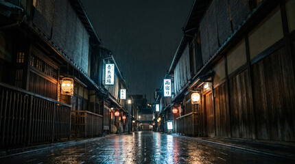 Naklejka premium Cinematic Rainy Night in a Traditional Japanese Alley with Glowing Lanterns and Signs