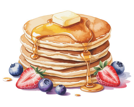 Watercolor Pancake Stack, Sweet Breakfast Clipart, vector illustration isolated on white background