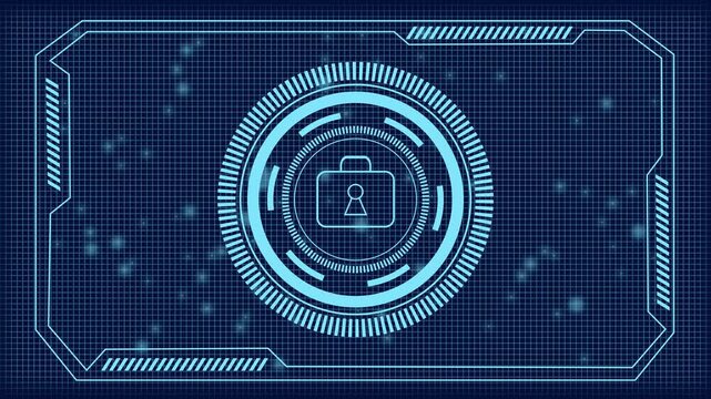 Futuristic digital interface displays a spinning lock icon on a grid background with glowing particles, cyber security concept, technology motion graphics.