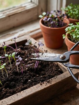 Close up of tiny purple and green micro herb seedlings in a wooden planter box with gardening