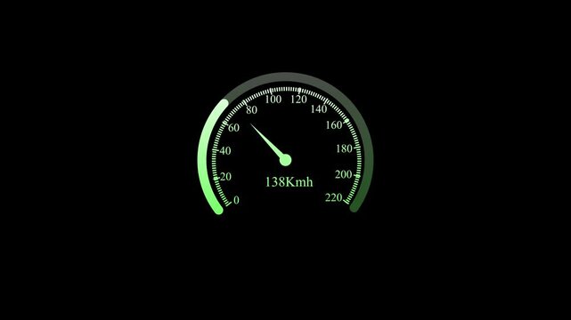 Abstract animation of a green speedometer indicating various speeds with needle movement and digital readings against a dark background, perfect for automotive or technology-related visual projects