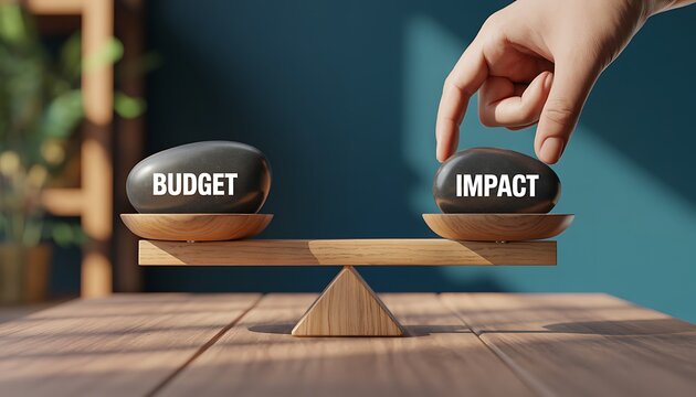 Hand balancing budget and impact stones on scale, concept of financial planning, investment, decision making and resource allocation.
