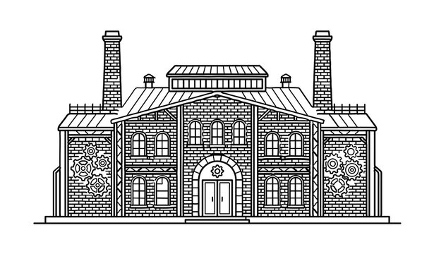 Vintage industrial factory building facade line art illustration with brick walls and gears