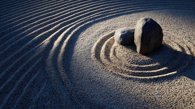 Zen Garden Stones With Raked Sand