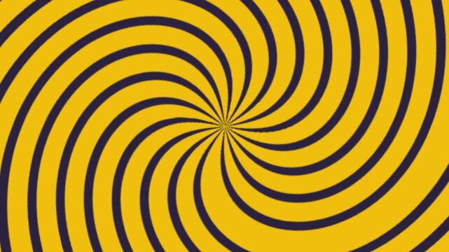 An abstract yellow and orange spiral background featuring a colorful hypnotic swirl pattern with black rings and curved lines for a vibrant vector illustration backdrop