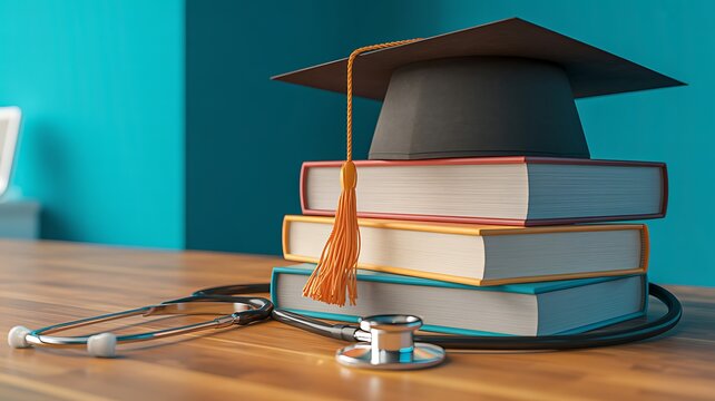 Medical graduation cap atop stack of textbooks with stethoscope on desk symbolizing healthcare education accomplishment and future career goals study success.