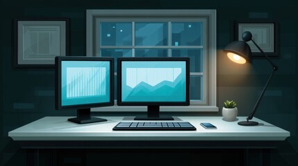 Fototapeta premium Cozy Workstation in Dark Room with Dual Monitors Displaying Data Graphs and Warm Lighting Creating a Productive Atmosphere