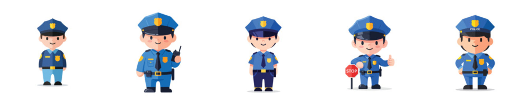 Collection of cartoon police officers in uniform, showcasing various actions and gestures in a fun, illustrative style