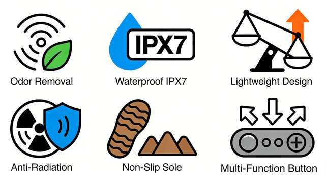 Green leaf sound waves, IPX7 water droplets, and a balance icon are multifunctional features of electronic products, including odor removal, waterproofing, lightweight, radiation resistance, and anti 
