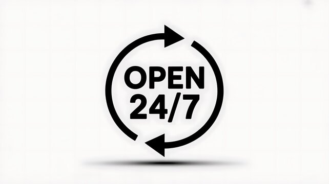 Open 24/7 sign, black and white business hours symbol, 24 hours service icon, round arrow logo