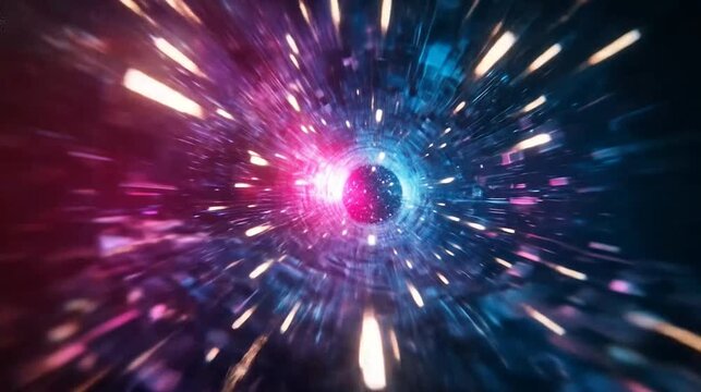 Abstract futuristic wormhole tunnel with colorful glowing light streaks