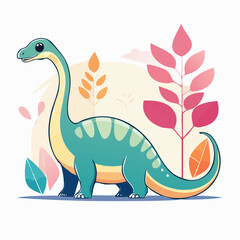 Naklejka premium Cute Cartoon Dinosaur with Plants