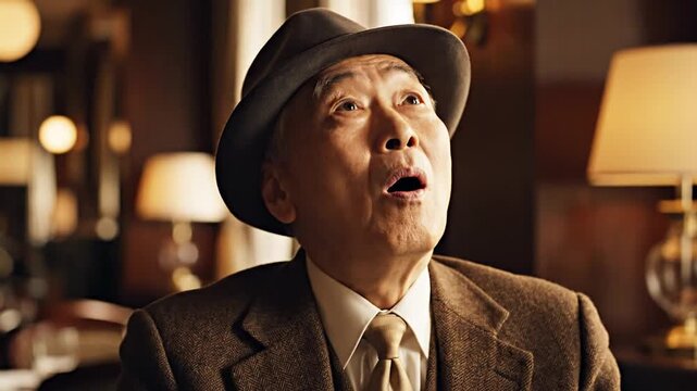 Emotional senior man in hat wiping tears with white tissue.