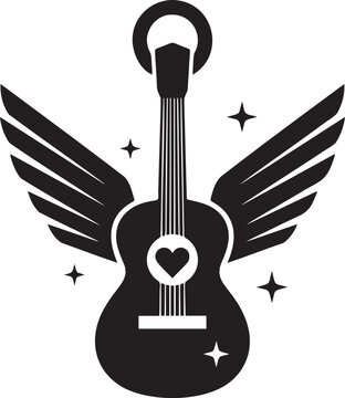 Guitar with wings heart and sparkles in flight.
