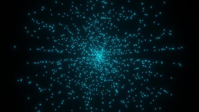 Cyan glowing particle burst explosion orbiting animation on dark background