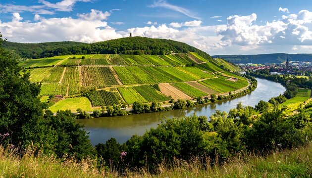 A sweeping landscape with a river snaking through terraced vineyards on a lush, rolling hill, under a cloudy sky