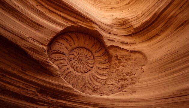 Spiral fossil formations embedded within layered sandstone canyon