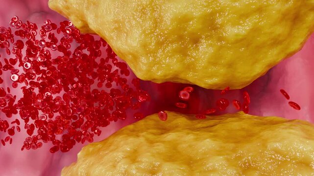 Blocked artery with excessive cholesterol accumulation illustrating impaired blood circulation, oxygen deficiency, and elevated risk of cardiovascular complications and stroke. 3D Rendering
