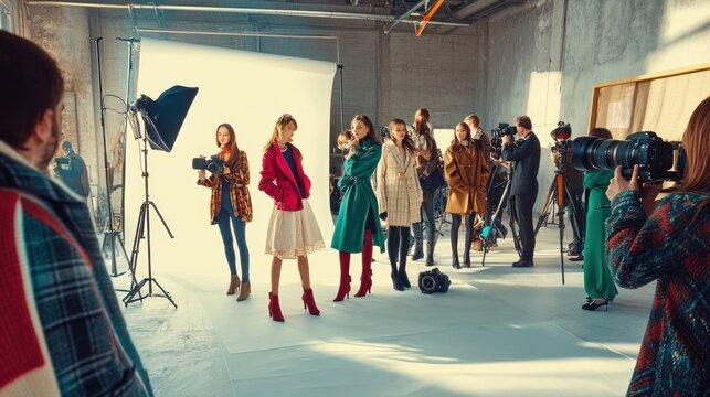 Group of diverse models and crew on photo shoot set with professional lighting