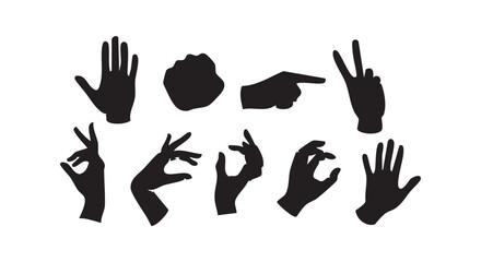 Fototapeta premium Set of various hand gesture silhouettes showing different signs and actions on a crisp white background.