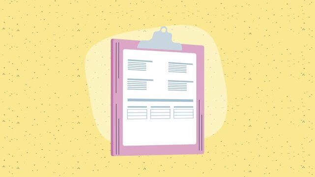 Minimalist animation of pink clipboard with white document showing text and tables appearing on yellow textured background.