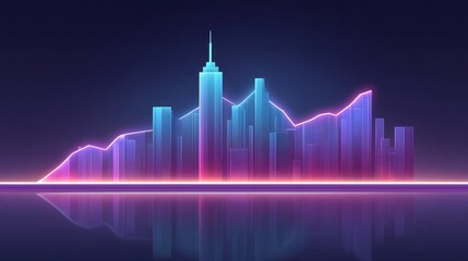 Fototapeta premium Modern city skyline with neon lights representing growth and development, glowing skyscrapers reflecting in calm water at night with vibrant colors