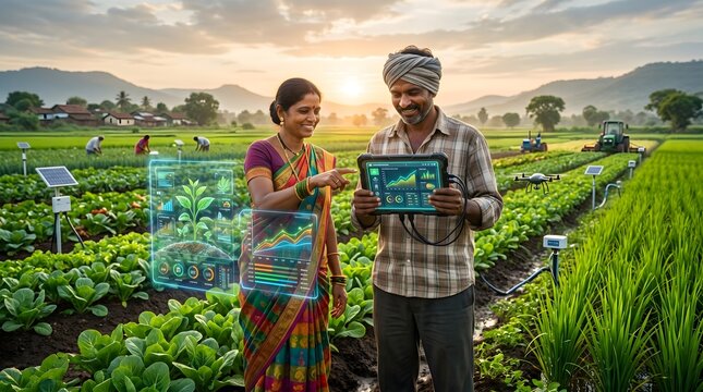 Smart Farmers Monitoring Crops With Digital Tablet