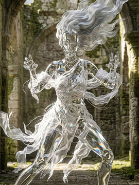 Floating transparent phantom ghost spirit in ruin.