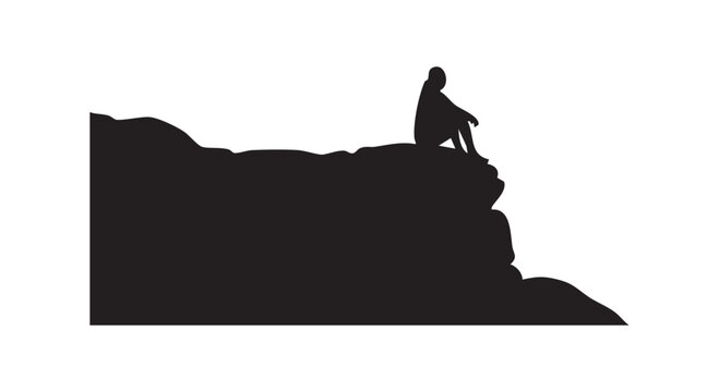 Silhouette of person sitting on a cliff edge contemplating on white background illustrating solitude and reflection.