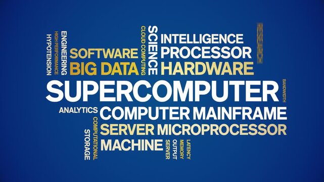 Supercomputer animated word cloud-text design animation tag kinetic typography seamless loop.