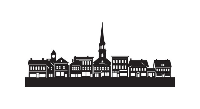 Small town main street skyline silhouette with old buildings and church steeple on horizon line for urban design element.