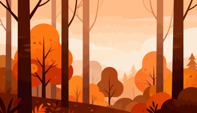Soft sunset paints the forest in warm amber hues. Trees stand tall with bare limbs against gentle sky. Circles of orange leaves add depth to the landscape. Silent woodland evokes calm, peaceful