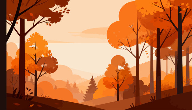 Golden autumn trees stand tall in warm, glowing light. Soft hills roll behind a forest of changing leaves. Sunset hues fill the sky and settle on every branch. Quiet, peaceful, and serene