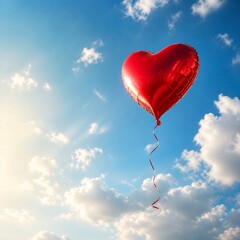 Fototapeta premium Red heart-shaped balloon floating vibrant, shiny metallic blue sky, sunlight, bright with fluffy clouds.