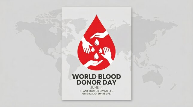 World Blood Donor Day poster with red drop and hands, June 14 medical awareness flyer, blood donation campaign graphic with world map background
