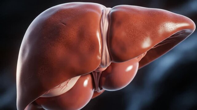 Ultra detailed cinematic 3D CGI render of anatomically accurate human liver floating naturally in center frame realistic biological textures glossy reddish brown surface soft lighting blurred abstract
