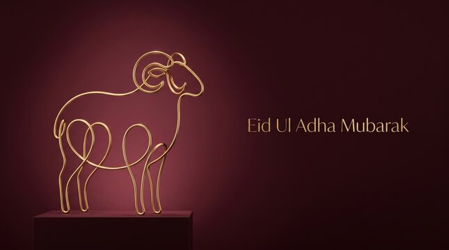 Eid Ul Adha Mubarak greeting card, golden line art ram sculpture on maroon background, elegant Islamic holiday celebration banner