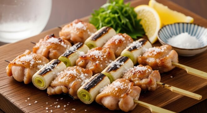 Yakitori Skewers, grilled negima (chicken and leek) yakitori skewers with a light shio (salt) seasoning, not tare sauce.