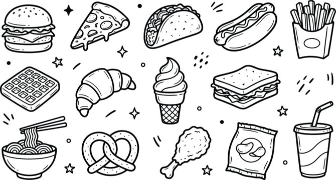 Cute snack doodle icon collection featuring burgers pizza fries desserts and drink illustrations