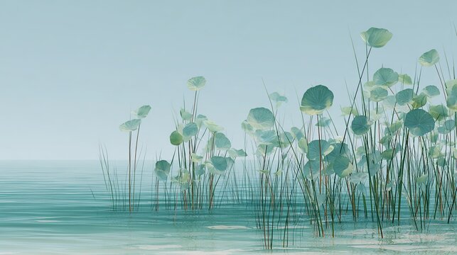 Teal Blue Still Water Caltrops Bay, Summer Aquatic Herb Niche Widescreen