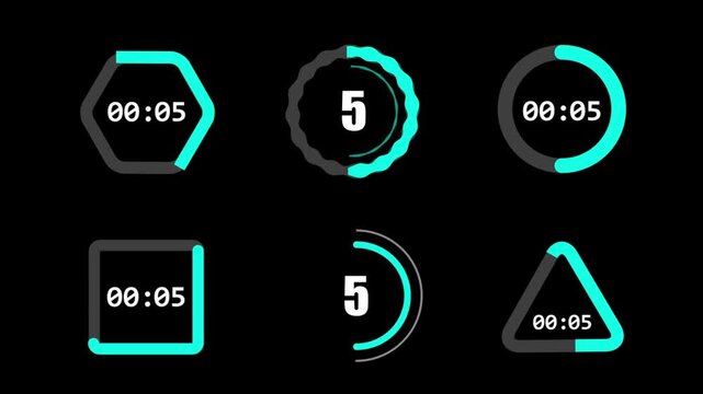 Futuristic Geometric Countdown Timer Elements on Pure Black Background. Multi-Shape Digital Ten Second Clock Pack Including Hexagon, Triangle, Square, and Circle Rings. Modern Sci-Fi UI Infographic