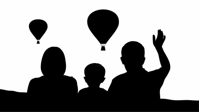 Silhouette of a family watching hot air balloons flying in the sky during sunset creating a warm and joyful atmosphere for leisure and adventure